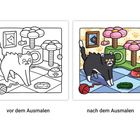 "vor dem Ausmalen" und "nach dem Ausmalen". Illustration einer Katze mit Spielzeug und Kratzbaum. Links schwarz-weiß, rechts bunt.
