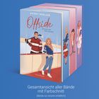 "Gesamtansicht aller Bände mit Farbschnitt (Bände nur einzeln erhältlich). Illustration von einem Paar am Eishockeyfeld."