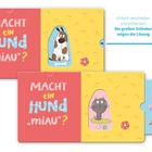Texte: "MACHT ein HUND „miau“?", "Nein, eine KATZE macht „miau“." Illustration mit Hund und Katze in bunten Farben.