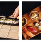 Links: Hände rollen Sushi mit einer Bambusmatte. Rechts: Verschiedene Sushi auf einem Holzbrett mit Sojasauce, Ingwer und Wasabi.
