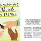 **UNS verbindet MEHR, als uns TRENNT.** Eine Illustration zeigt diverse Hände, die sich berühren. Rechts Text.