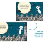 **Text:**  
1. "Die kühle Nachtluft ist wunderbar..."  
2. "Dreh- und Schiebe-Elemente machen die Geschichte interaktiv erlebbar."  

Ein freundliches Gespenst auf einer Burgmauer bei Nacht.