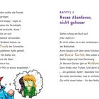 Zwei Comic-Figuren blicken überrascht auf offene Bücher. Ein Brokkoli-Charakter hält ein Stück Kuchen.