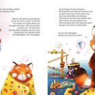 Ein roter Panda mit Kuscheldecke, umgeben von Spielzeug und Bildern. Text beschreibt Gefühle von Wut bis zur Beruhigung.