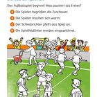 Anleitung zur Auswahl der Reihenfolge des Spielbeginns; Illustration mit Spielern auf einem Fußballfeld und jubelnden Zuschauern.