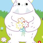 „Die hab ich für dich gepflückt! Welche Farben sollen die Blumen haben?“ Illustration eines weißen Monsters mit Blumen.