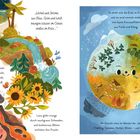 „Wirbel und Ströme aus Blau, Grün und Weiß bewegen Wasser im Ozean endlos im Kreis …“  
Illustration von Landschaften: Strand, Berge, Flüsse. Ein freundlicher Planet zeigt Jahreszeiten.