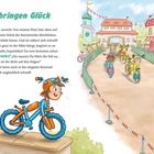 Titel: Besen bringen Glück. Ein farbenfrohes Rennen, bei dem Kinder auf bunten Fahrrädern fröhlich eine Ziellinie überqueren.