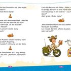 Text: Gespräche über Mathe, Kreuzworträtsel, Muskeln und Sinne. Illustration: Kinder auf Fahrrädern mit Helmen, eins hält ein Eichhörnchen.