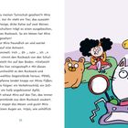 Text beschreibt, wie Mira einem tierähnlichen Wesen begegnet. Daneben eine Illustration mit Katze, Kind, Bär und Giraffe.