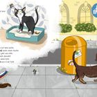 Texte: "Unsere Katze macht ganz brav in der Kiste, wo sie darf..." und "Passt auf beim Laufen, der Hund..." 

Illustration: Eine Katze in einer Kiste, ein Hund macht Haufen, eine Fliege, Mülleimer, Verkehrsschild, roter Schuh.