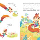 Links: "Einmal hierhin, dann wieder dorthin." Eichhörnchen Ella springt fröhlich. Rechts: Ella sitzt traurig mit einem Vogel.