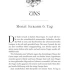 "EINS", "Monat Samann, 6. Tag". Illustration einer stilisierten Pflanze darüber. Fließtext beschreibt eine Stadt im Regen.