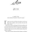 PROLOG, ALYTH, 9. MÄRZ 1566, HOLYROOD PALACE, SCHOTTLAND. Illustration einer Distel. Text über Macht und Mary Stuart.