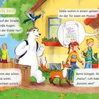Texte: "Ach, du dicke Rübe!", "Wo kommt der Eisbär her?", "Eddie wohnt in einem gelben Haus."

Illustration: Ein Eisbär spaziert mit Kindern und einem Fuchs. Ein gelbes Haus mit roter Tür, Plakate und fröhliche Szenen.