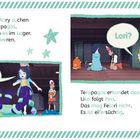 Liko und Rory suchen nach Terapagos. Es frisst Beeren. Felori sagt "Lori?". Illustration mit einem grünen, katzenähnlichen Geschöpf.