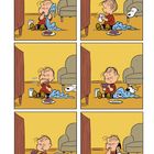 Sechs Comic-Panels: Ein Kind mit Decke isst, ein Hund kuschelt sich dazu. Beide sind vor einem Fernseher.