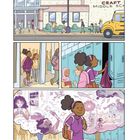 "Craft Middle School" auf dem Gebäude. Schüler betreten die Schule; ein Mädchen mit Zöpfen öffnet ihren Spind, voller Fantasieszenen.