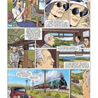 Comic: Mehrere Personen sitzen in einem Zug. Eine ältere Frau mit Sonnenbrille strickt. Ein rotbraunes Auto fährt außen entlang der Strecke, während der Zug durch eine grüne Landschaft fährt.