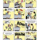 Comic mit chaotischen Szenen im Büro. Geräusche wie "KLANG", "BOMM", "BRAOM". Figuren sprechen über Sport und Chaos.