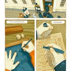 "...und lernte von geduldigen, polnisch sprechenden Holzflößern,... ...wie man Angelschnüre dreht,... ...Bleifische gießt,..."  
Illustration einer Menschengruppe vor einem Gebäude und Händen, die schreiben.