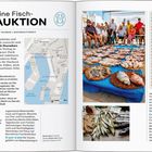 Seite links: "Eine Fisch-Auktion", Details über Fischerei in Barcelona. Rechts: Fotos von Fischverkauf, Karten und Restaurantliste.