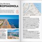 Zwei Buchseiten eines Reiseführers über die Riviera Romagnola. Links ein Küstenfoto, rechts eine Karte und Text über Strände und Fellini.