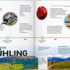 Seite mit Frühlingsaktivitäten in Schottland, wie Whisky Festival und Mountainbiken, umrahmt von Bildern der Events.