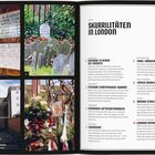 Kapitel: Skurrilitäten in London. Zehn ungewöhnliche Orte werden beschrieben, darunter ein Tierfriedhof und ein Luftschutzbunker. Links sind Fotos von Tafeln, einem Friedhof und anderen Sehenswürdigkeiten.