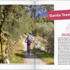 "Garda Trentino", "Das Zuhause des Outdoor-Sports". Bild einer Radfahrerin auf einem Pfad inmitten von Olivenbäumen.