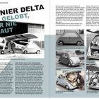 Texte: "Dornier Delta", "Viel gelobt, aber nie gebaut." Fahrzeugbilder, Flugzeug neben Auto. Verschiedene Delta-Modelle mit Insassen.