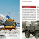 "Die Fahrzeuge", "Alle Modelle seit 1946", "Unimog Prototyp Erhard & Söhne (1946–1948)". Links: Flugzeug und Schneeräumfahrzeug. Rechts: Historischer Unimog.