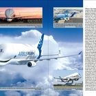 Überschrift: "DIE GIGANTEN". Große, weiße Transportflugzeuge, die "Airbus Beluga" transportieren, mit Hintergrund aus Himmel und Wolken.