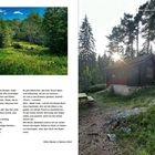 Links: "Gamle Øverland Bro." Rechts oben: "Oslo nach Sæteren Gård." Unten rechts: "Hütte Uglebu in Sæteren Gård." Links: Waldlichtung. Rechts: Holzhütte im Wald.