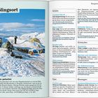 Lieblingsort: Titel oben links. Camp mit Zelten im Schnee, Ausrüstung verteilt. Rechter Text über Schlafen, Einkaufen, Essen.