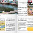 Das Bild zeigt zwei Fotos. Links: ein Kanuboot auf einem Fluss. Rechts: ein Sandstrand mit Liegestühlen und Sonnenschirmen.