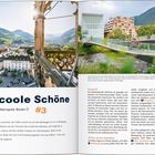„Die coole Schöne: Südtirols Metropole Bozen #3“ steht fett gedruckt. Panorama von Bozen mit Bergen, Fluss und Radfahrern.