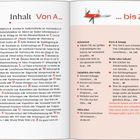 Seite zeigt ein Inhaltsverzeichnis, "Inhalt Von A... bis Z". Links Begriffe von A bis Z mit Themen und Seitenzahlen. Rechts Mythen und Fakten. Oben links Illustration einer Kuh, oben rechts ein Schweizer Taschenmesser.