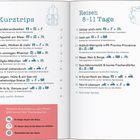 Texte: Kurztrips, Reisen 8-11 Tage. Enthält Reiseziele mit Icons. Links: Kühe auf einer Wiese. Rechts: Buntes Wandbild, Berglandschaft mit Steg.