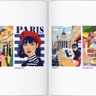 Links: "CHIC" auf einer Tasche. Rechts: "PARIS" über einer Frau mit rotem Barett. Szenen von Paris mit Café und Teetisch.