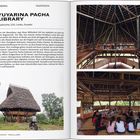 "YUYARINA PACHA LIBRARY, Huaticocha, E20, Loreto, Ecuador." Oben: hölzernes Interieur. Unten: Gruppe Menschen im Rundbau.