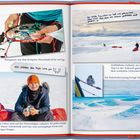 Navigation mit dem Kompass; letzte Etappe; "Wir zählen die Tage"; Polarlandschaft; Person im Schnee; Vogel auf einem Zelt.