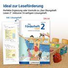 "Das Förderheft Lesen 2" zeigt Piratenkinder, Boot, Schultaschen und einen Tisch. Enthält ein 16-seitiges Lösungsheft.