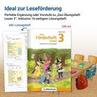 Werbung für "Das Förderheft Lesen 3", inklusive Lösungsteil. Illustration: Kinder als Zauberer im Wald.