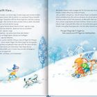 „Der 2. Engel heißt Klara...“ Oben ein gemalter Vogel, unten Kinder beim Schlittenfahren in einer schneebedeckten Landschaft.