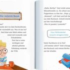 Titel: Der verletzte Baum. Katze Leonardo ist verzweifelt. Emil eilt zur Hilfe. Nachricht: Frau Pfeifendeckel braucht dringend Hilfe! Bild von Emil mit Schüssel.