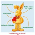 Ein gelber Plüschhase mit rotem Herz, umgeben von den Worten: Abenteuerlustig, Reisefreudig, Kulturen-Entdecker, Bester Freund von Sophie, Briefeschreiber.
