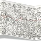 „ROUTE DURCH SIBIRIEN“ steht links. Eine historische Karte zeigt Städte und Landschaften, hervorgehoben ist eine rote Route.