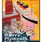 Ein farbenfrohes Plakat mit den Texten "Cie Gle TRANSATLANTIQUE", "French Line", "Havre, Plymouth, New-York".