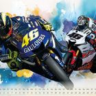 Text: "46 Gauloises", "Yamaha" und "Juli". Zwei Motorradfahrer in dynamischer Rennpose, von Farben umgeben.